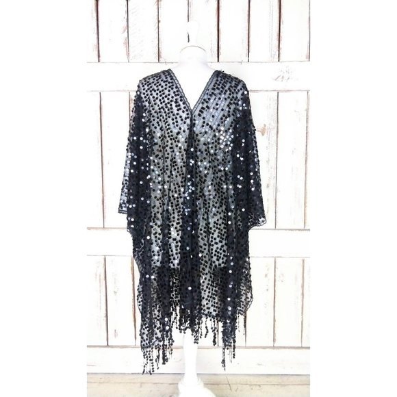 Sheer black net round black sequin fringe tassel kimono cardigan cover up - Picture 4 of 4